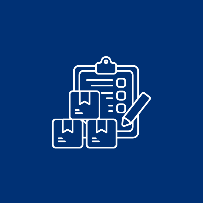 White icon of a clipboard with a checklist and boxes, with a pencil, on a blue background, indicating inventory.