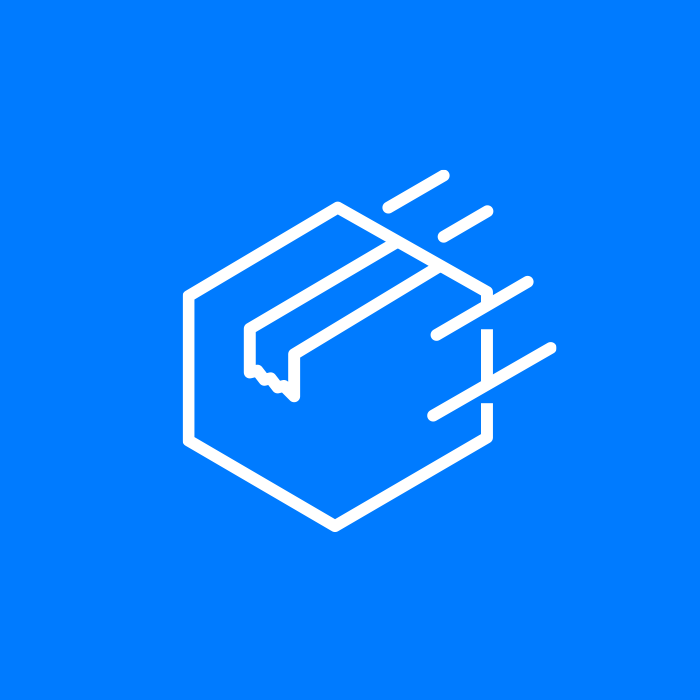 White icon of a fast-moving package on a blue background, indicating speedy delivery