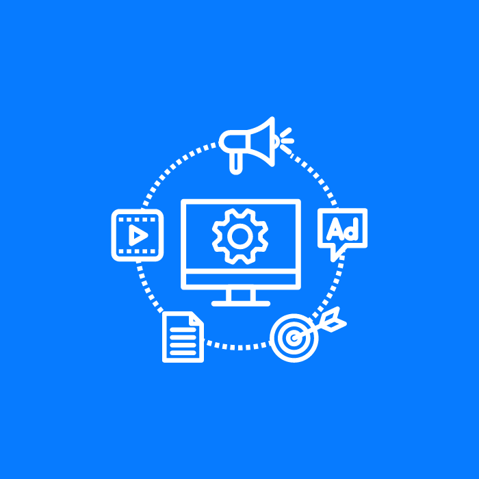 White icons representing digital marketing tools—megaphone, video play button, monitor with gear, advertisement bubble, document, and target—arranged in a circle on a blue background