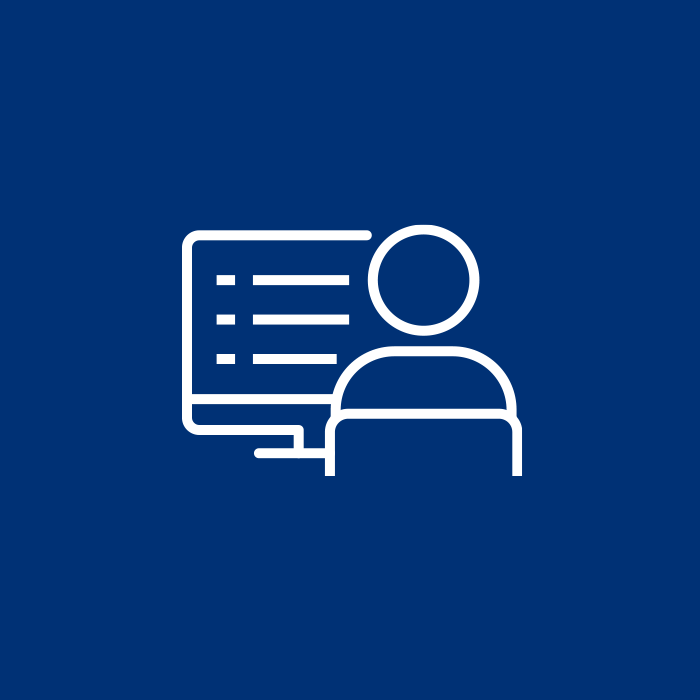 White icon of a person in front of a monitor with text lines on a blue background, suggesting online shopping