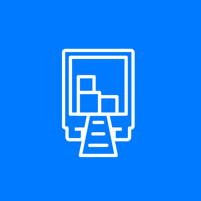 White icon of a monitor displaying a podium on a blue background, representing presentation.