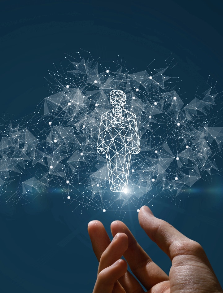Image showing a hand reaching towards a digital human form made of connected light points