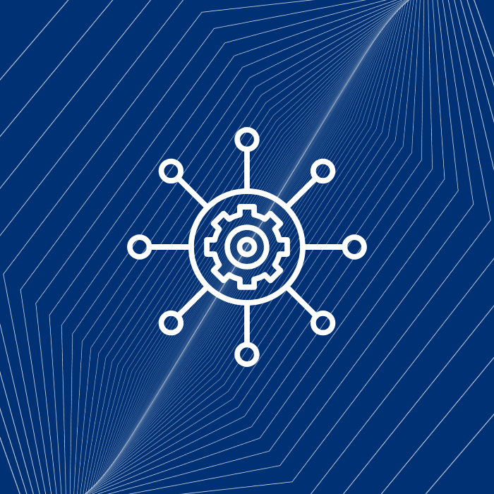 Graphic image of a stylized gear surrounded by connection points