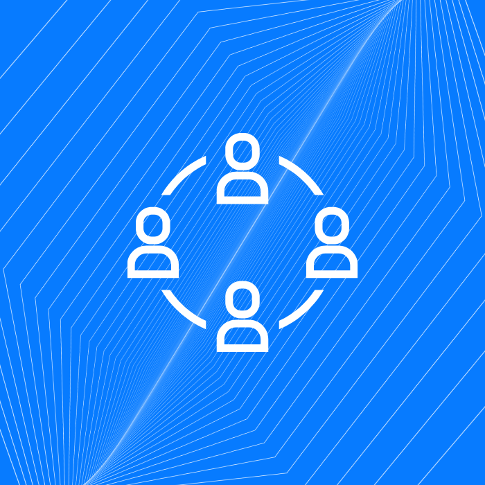 White icons of four people in a circle with arrows, on a blue patterned background