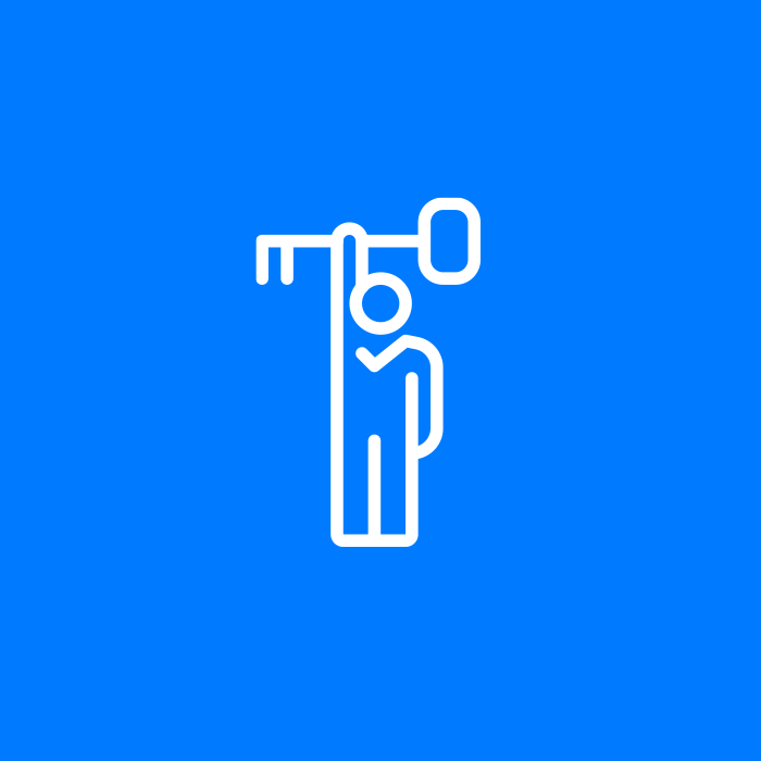 White icon of a person holding a key overhead on a blue background, representing access