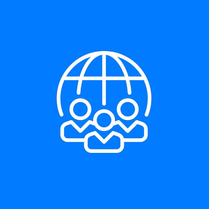 White icon of three figures under a globe on a blue background, representing global partnership