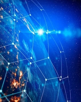 Network grid over Earth, indicating global connectivity