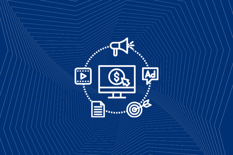Digital marketing icons surrounding a computer on a blue background.