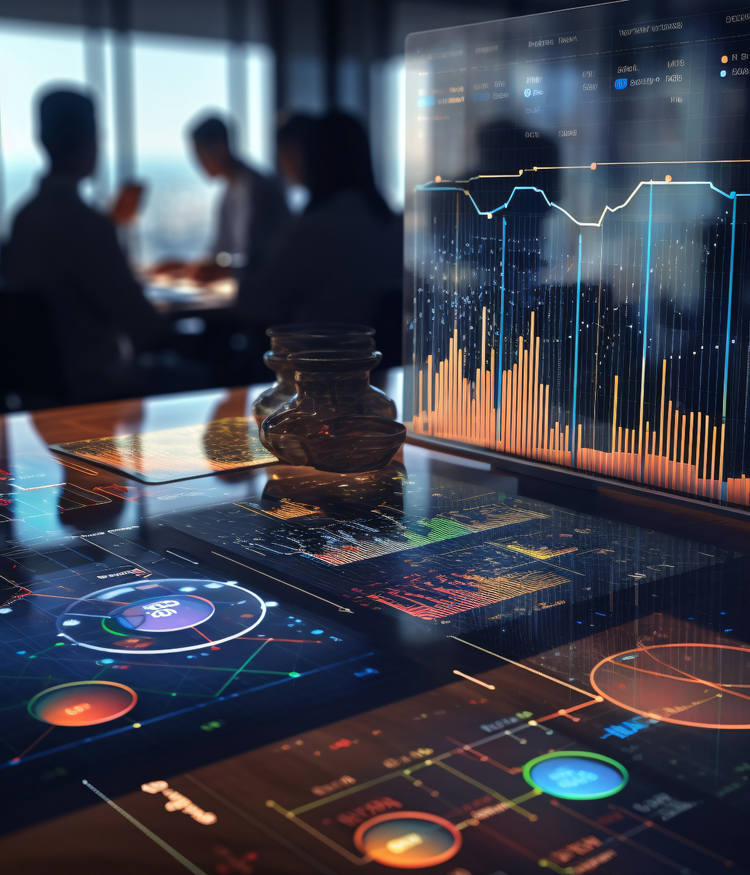 Silhouetted figures in a meeting behind futuristic financial holographic data projections.