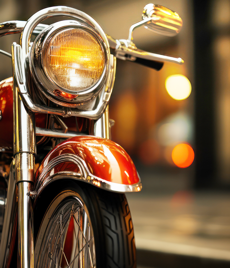 Close-up image of a motorcycle headlight and front wheel with city lights in the background.