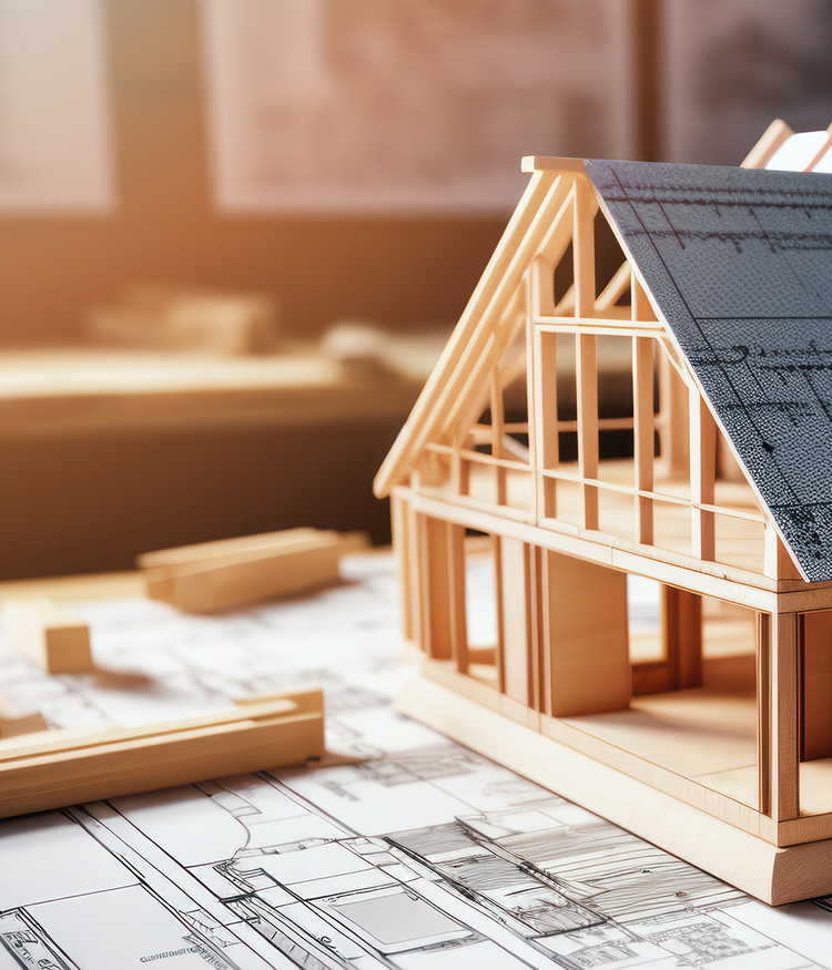 image showing a wooden model of a house structure on architectural blueprints