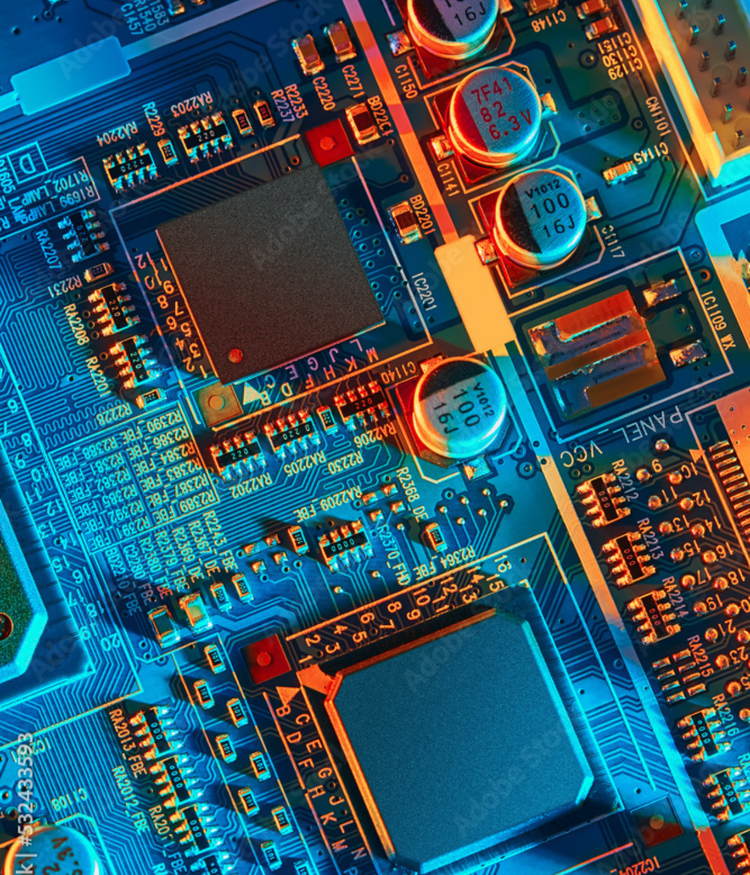 Close-up image of a colorful circuit board with various electronic components and microchips