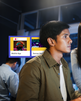Image showing a man in a business setting with graphics of digital media applications in the backdrop.