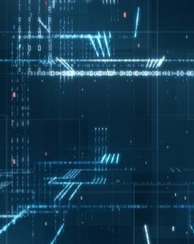 Abstract digital data visualization with glowing blue lines and code